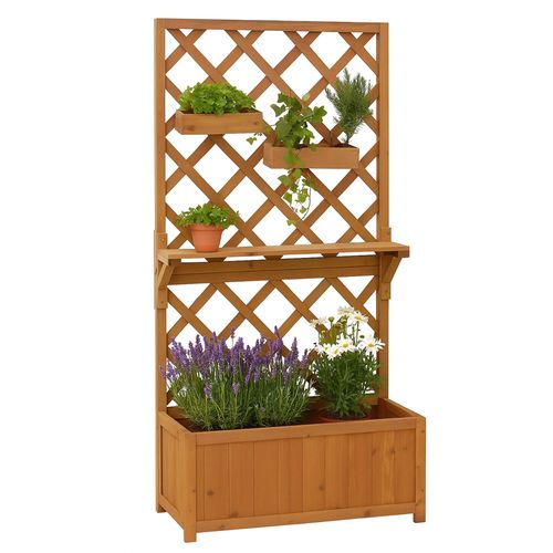Jardinière Sur Pied Hwc-P68, Bac À Plantes/À Fleurs Treillis Support De Tuteurage Tablette Bacs Suspendus Bois Mvg 135x70x30cm   Naturel