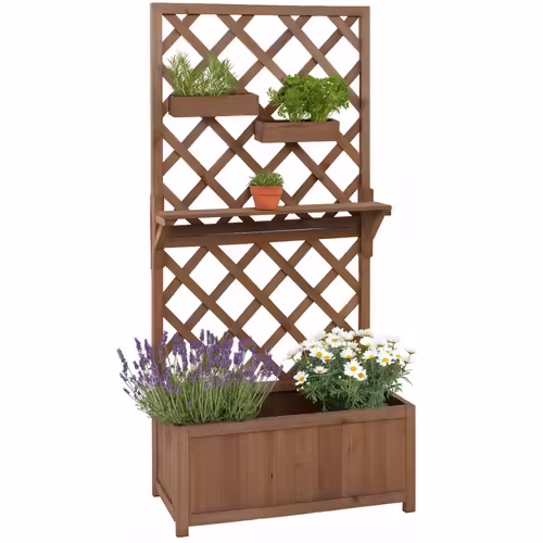 Jardinière Sur Pied Hwc-P68, Bac À Plantes/Fleurs Treillis Support De Tuteurage Tablette Bacs Suspendus Bois Mvg 135x70x30cm   Marron