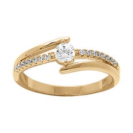 Bague Plaqué Or Solitaire Double Rangs Lisses Et Oxydes Blancs Sertis