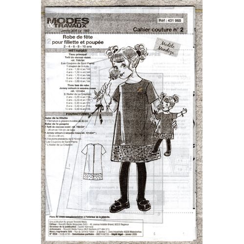 Patron Couture Modes Et Travaux 431965 : Robe De Fête Pour Fillette Et Poupée, Âge : 2 À 10 Ans.