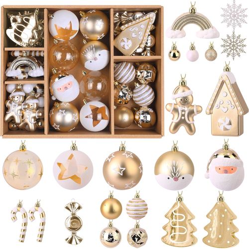 65 Pcs Boules De Noel Set, 4-14 Cm Incassable Plastique Arbre De Noël Boules, Pour Vacances Fêtes Décorations Avec Cordes, Or Blanche