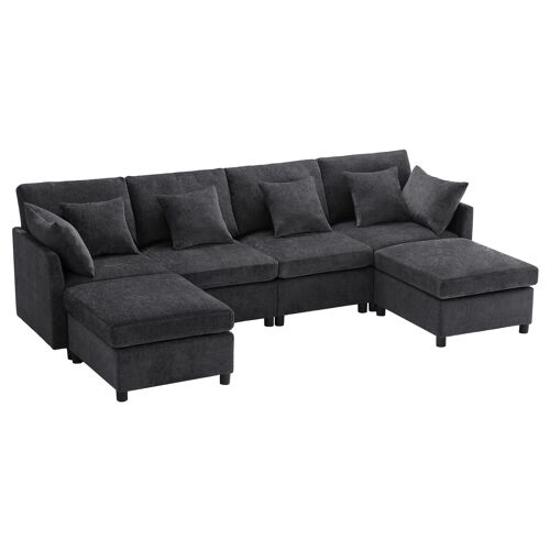 Canapé d'Angle U/L-Form Multifonction,6 Places,Avec 2 repose-pieds et 6 Oreillers,Tissu de Chenille,278×161×81cm,Gris