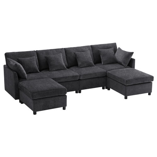 Canapé d'Angle U/L-Form Multifonction,6 Places,Avec 2 repose-pieds et 6 Oreillers,Tissu de Chenille,278×161×81cm,Gris