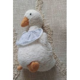 Peluche doudou vintage oie blanche canard boulgom col bavoir en vichy bleu H 27 cm