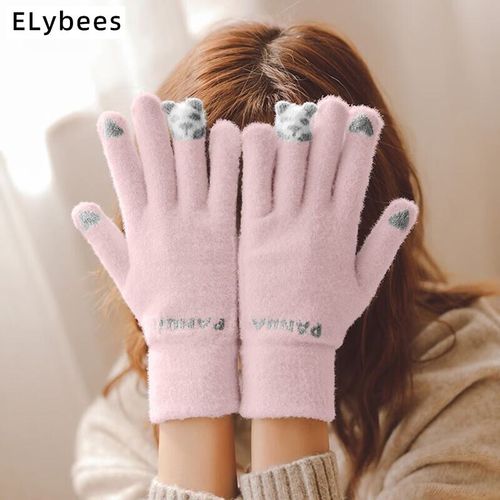 Gants De Hiver Femmes Épaisses Doublées Fourrure Anti-Vent Compatibles Écran Tactile Tricot Doux Chaud Isolation Thermique Design Panda 3 Coloris Taille Unique,Rose