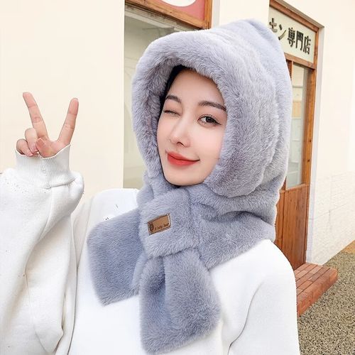 Chapeau Et Écharpe Intégrés En Fausse Fourrure De Lapin Pour L'hiver, Doux Et Chaud, Protège Les Oreilles, Couleur Rose Pâle, Taille Unique