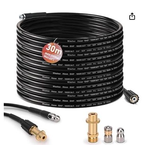 Tuyau de nettoyage de canalisations de 30 m, avec adaptateur M22, buses rigides et rotatives, 200 bar 60 °C, kit de nettoyage de canalisations, convient pour Kränzle Kärcher K2-K7, nettoyeur haute