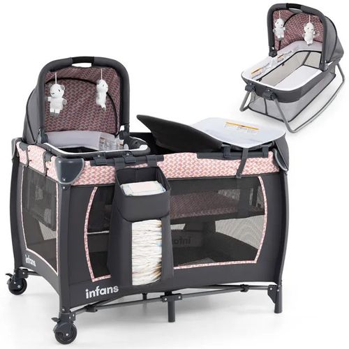 Lit Bébé Pliant 5 En 1 Avec Matelas,Table À Langer,Berceau Costway-Lit De Voyage-Jouets Suspendus,Boîte À Musique-2 Roulettes-Rose