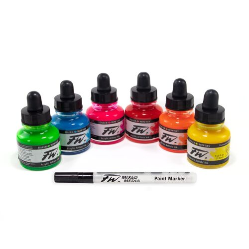 Encres Acrylique - 6 Flacons 29,5ml + 1 Marqueur - Couleurs Fluos - Daler Rowney