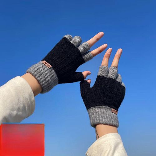 Gants En Tricot Élastique Pour Homme Et Femme Automne Hiver Doigts Découverts Chauffants Gris Foncé Bicolore Taille Unique Confortable Multicolore,Noir