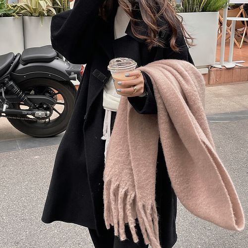 Écharpe Douce Bleu Coréen Pour Femme Hiver, Châle Polyvalent Élégant Avec Franges, Tissu Uni Chauffant Tendance Coréen,Kaki