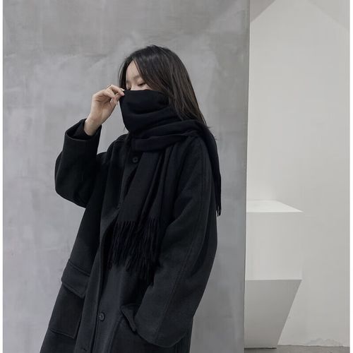 Écharpe Unisexe Longue Et Épaisse Pour L'automne Et L'hiver, Châle Classique En Couleur Unie, Idéale Pour Les Étudiants, Noire,Noir