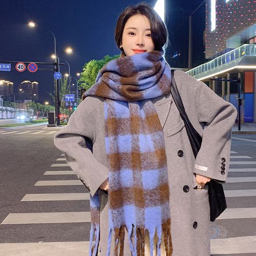 Écharpe Femme Hiver À Carreaux Élégante Nouveau Style Coréen Épaisse Et Chaude Pour Couple Étudiante Écharpe Noire 40x210 Cm Douce Et Élastique,Bleu Café