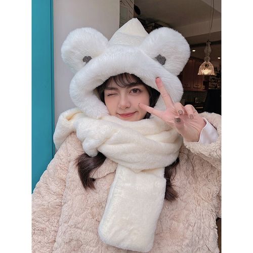 Bonnet, Écharpe Et Gants Trois En Un Pour Femme - Ensemble Hiver Doux Et Chaud Avec Oreilles D'ours, Couleur Rose, Taille Unique (56-58 Cm), Matériau Doux Et Chaud, Design Mignon Et Fonctionnel,Blanc