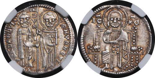 Pièce De Monnaie Argent Italie Venise Certifiée Ngc Au58 Doge Francesco Dandolo Denier - 1329-1339 Poids : 2 G - Diamètre : 21 Mm