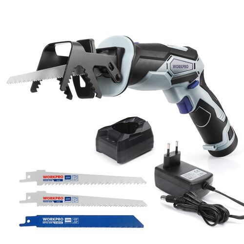 Scie Sabre sans Fil 12V WORKPRO avec Batterie 2000mAh, Vitesse Variable, Charge Rapide de 1H, Changement de Lame Sans Outil, Elagueur sans Fil avec 3 Lames de Scie pour Couper Bois, Metal