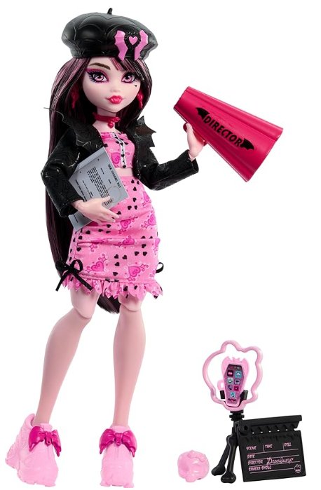 Monster High Fearbook Draculaura Ensemble poupée et accessoires Thème club de cinéma, veste universitaire, annuaire, scénario et accessoires de film