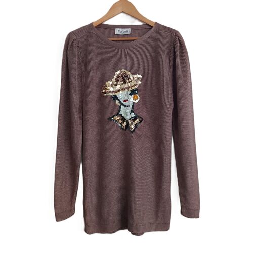 Pull Long Marron Glacé. Perles Et Sequins Cousus Main. Solyne. Taille 38