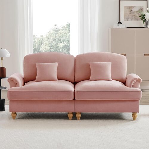 Canapé 2 places grand style médiéval moderne accoudoirs évasés volant amovible pieds bois tissu chenille confortable salon rose