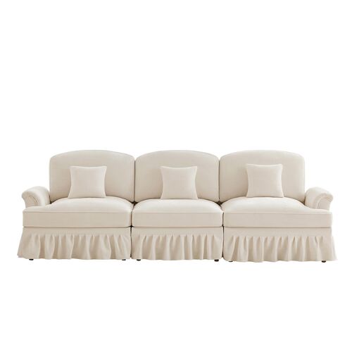 Canapé 3 places style milieu du siècle chenille accoudoirs en entonnoir jupe à volants amovible pieds fuselés salon blanc