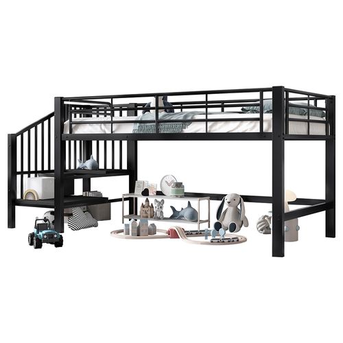 Lit mezzanine 90x200 mi-hauteur équipé escalier de rangement couleur noir