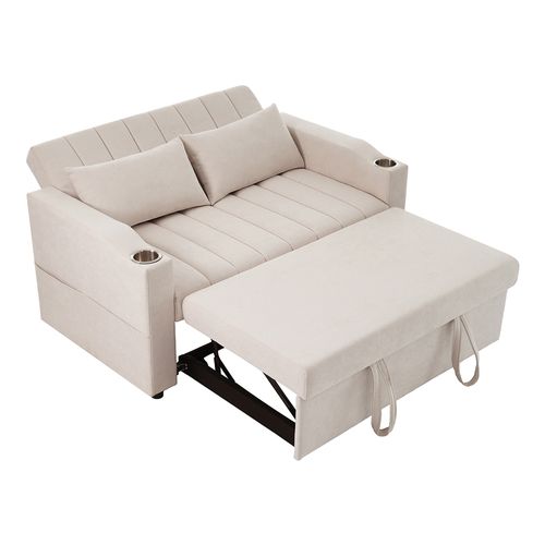 Canapé convertible 2 places avec fonction couchage avec dossier réglable avec porte-gobelets et coussins beige