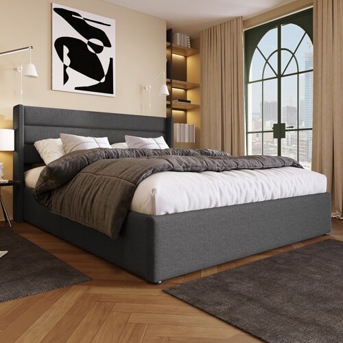 Lit adulte Lit coffre lit de rangement cadre de lit plateforme capitonné sommier à lattes en bois lit 180x200 cm en lin gris