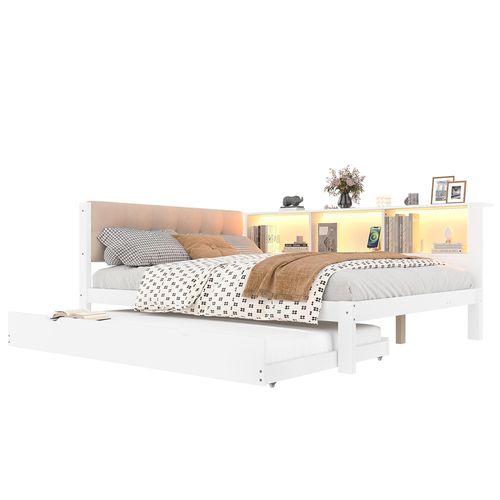 Lit gigogne jour 140x200 cm canapé-lit led variable usb étagère pratique sans matelas pin blanc
