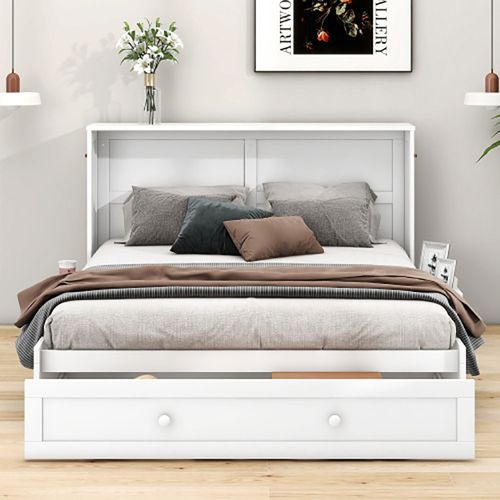 Lit adulte lit 140x200 cm lits plateforme convertibles lit escamotable mobile avec tiroirs blanc