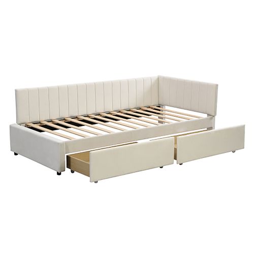Lit adulte lit canapé-lit 90x200 lit avec 2 grands tiroirs de rangement et sommier à lattes tissu velours beige