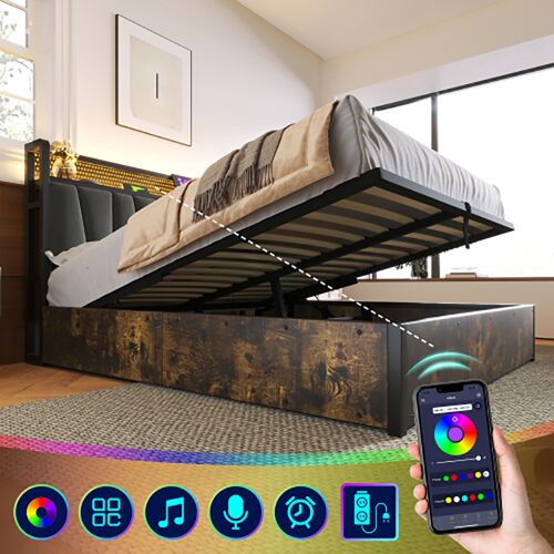 Lit adulte lit rembourré lit en métal led app control lit double160x200 cm sommier à lattes en bois gris avec matelas