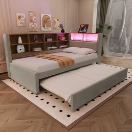 Canapé-lit 90x200 lit gigogne 90x190 avec prise usb et nombreux compartiments de rangement lit simple gris clair