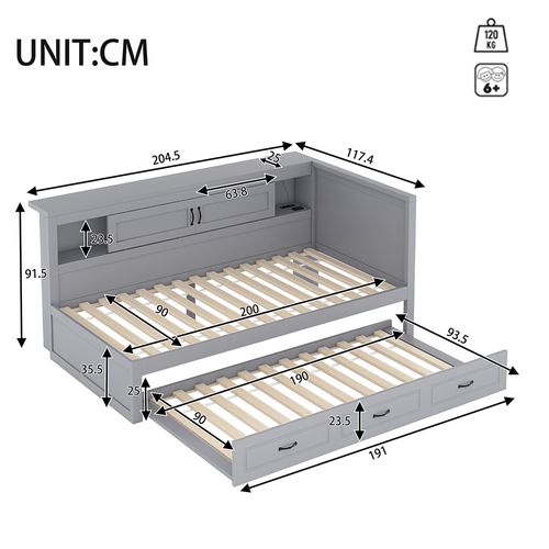 Lit adulte canapé lit lit de jour 90x200 cm éclairage d'ambiance télécommandé compartiment de rangement côté lit lit extensible prise + usb gris