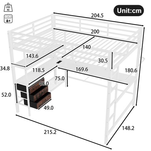 Lit mezzanine lit enfant 140x200 cm éclairage d'ambiance avec télécommande bureau prise + usb 3 tiroirs étagères garde-corps escalier blanc