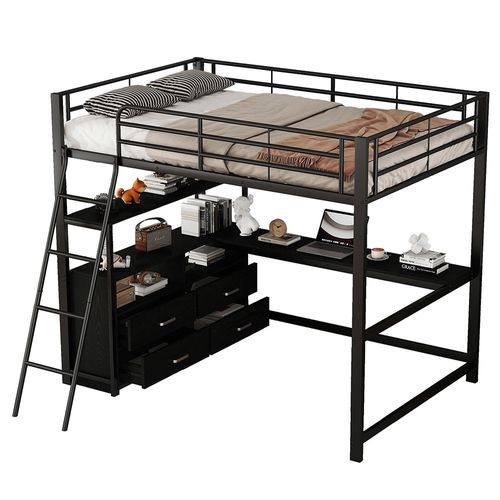 Lit mezzanine 140x200 cm lit à cadre en fer tiroirs pratiques bureau élégant en l design stratifié noir