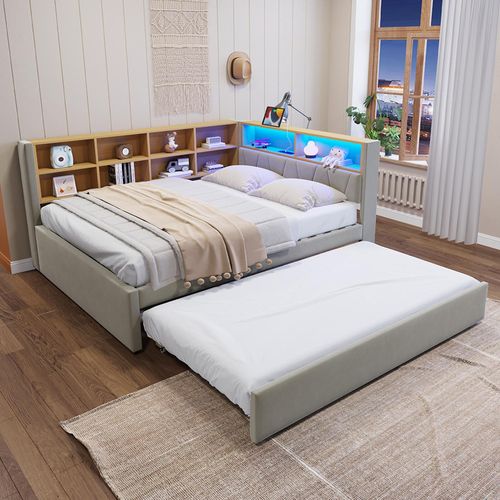 Canapé-lit 140x200 lit gigogne 90x190 avec prise usb et nombreux compartiments de rangement lit double gris clair