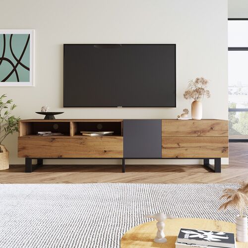 Meuble tv avec panneaux courts console tv rustique bloc de couleurs grain de bois 180 cm