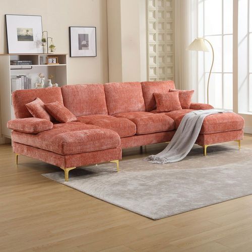 Canapé d'angle moderne en chenille 4 places canapé avec double assise convertible rose