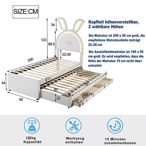 Lit enfant lit 90 x 200 cm velours canapé-lit avec lit gigogne tiroir de rangement et lumière led beige