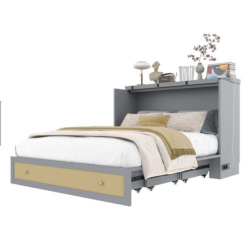 Lit escamotable mobile 140x200 cm tiroirs pied étagère tête usb électrique sans matelas gris
