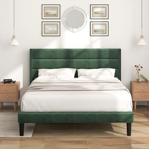 Lit adulte lit 140x200 cm lit simple capitonné en velours- avec sommier à lattes et tête de lit, lit adulte style scandinave - vert lit rembourré