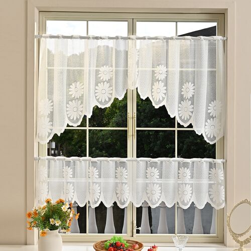 Rideaux De Cuisine En Dentelle De Polyester Blanc - 2 Pièces, Motifs Floraux, Demi-Fenêtre