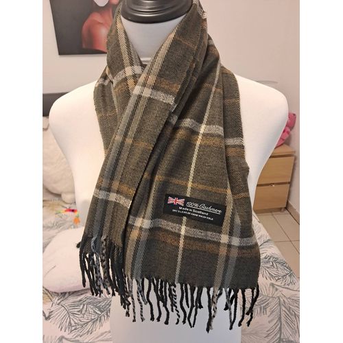 Écharpe Chic Homme Cachemire D'Ecosse Tartan Fond Vert Kaki Neuve, Cadeau