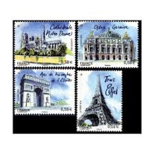 Capitales Européennes : Paris (France) Monuments : Arc De Triomphe De L'Étoile, Notre Dame, Opéra Garnier, Tour Eiffel Série Complète Année 2010 N° 4514 4515 4516 4517 Yvert Et Tellier Luxe