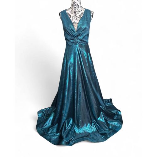 Robe Bleu Canard Métallisé Buste Plissé Ceremonie Mariage Taille 42 Xl