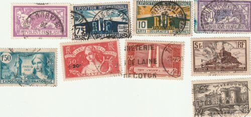 9 Timbres Oblitérés De France Emis Entre 1907 Et 1939