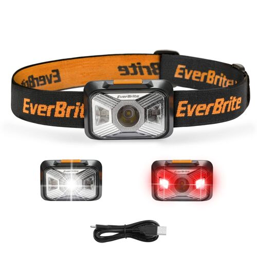 Lampe Frontale Rechargeable Par Usb Avec Lumiere Blanche Et Rouge Everbrite, 4 Modes D'eclairage Reglable 200 Lm, Torche Frontale Led Rechargeable Pour Peche, Camping, Lecture, Randonnee