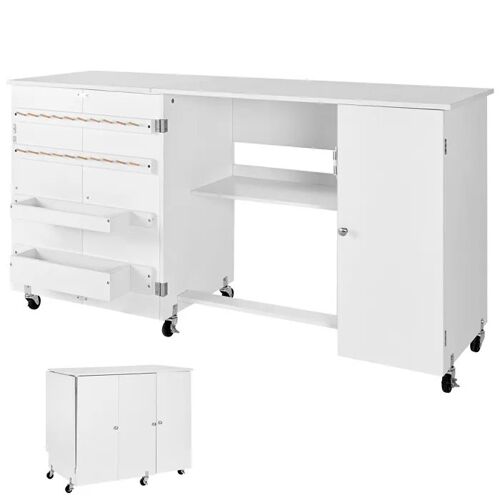 Table De Couture Pliante-Duoku-Meuble Polyvalent-Avec Design Compact-Roulettes-Chevilles En Bois-Espaces De Rangement-Blanc