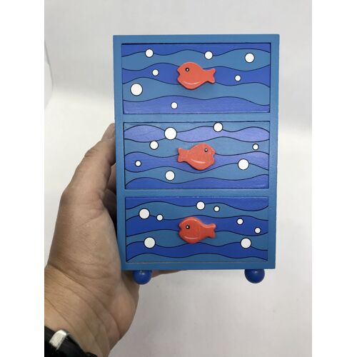 Mini commode meuble miniature rangement boîte à bijoux mer vagues poissons 3 tiroirs