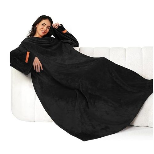 Winthome Plaid À Manche - Couverture Avec Manches Douce Et Chaude, Blanket Polaire Avec Velcro, Pour Cadeau, Noel, Femme, Homme, Économisez Sur Les Coûts De Chauffage (Noir, 140x170cm)